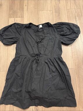 H&M Black Puff-Sleeve Tie-Front Mini Dress